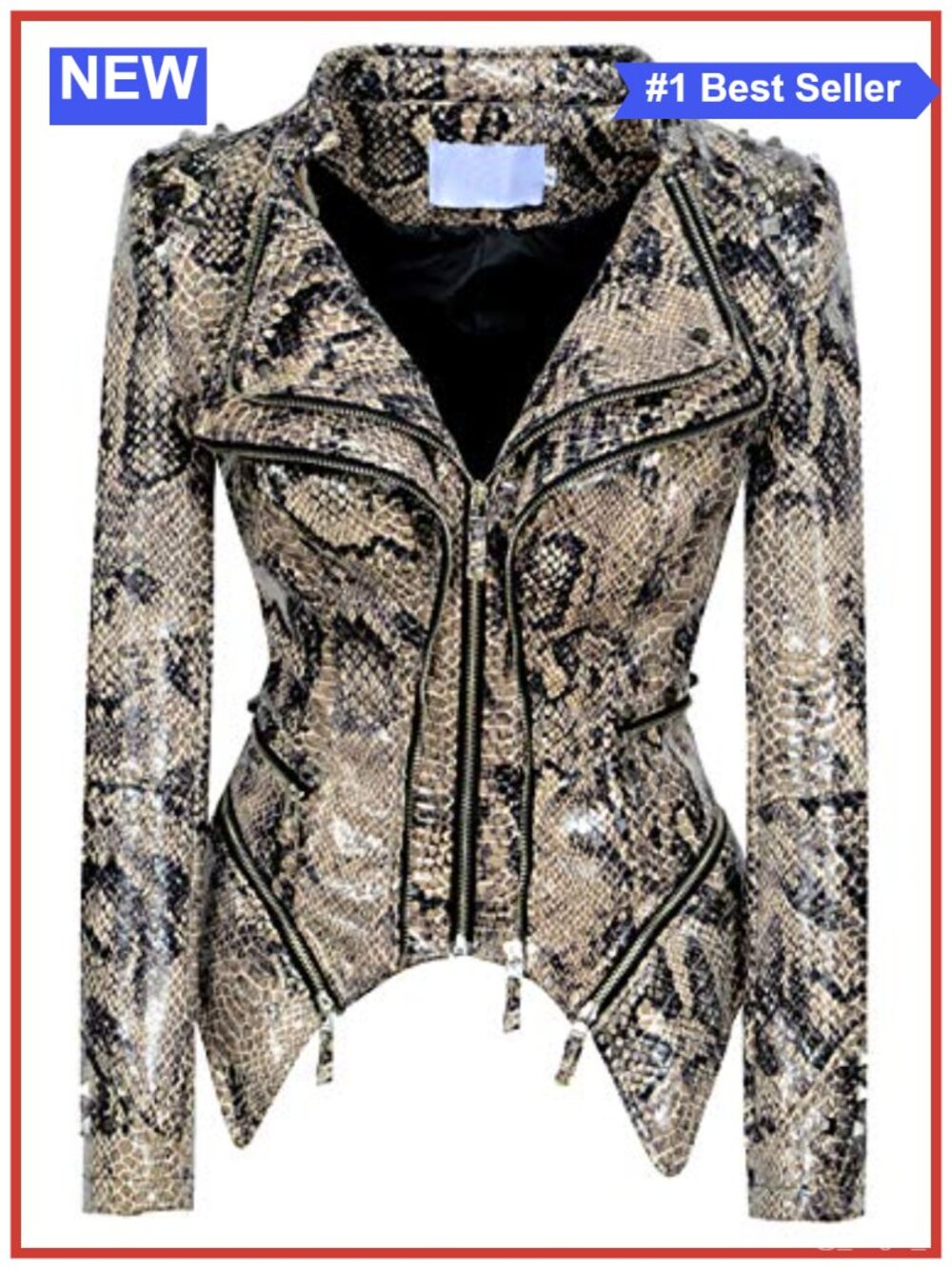 Women's Snake Print Studded Faux Leather Moto Biker Jacket Slim Fit